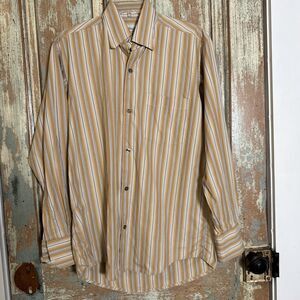 Arturo Calle Sport Striped Button Front Shirt Men Size M Pocket Tan Burgundy